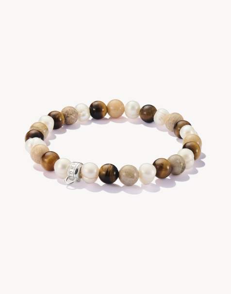 Pulsera plateada, marrón y blanca con cuentas plateadas y piedras de color crudo de Thomas Sabo - view 1