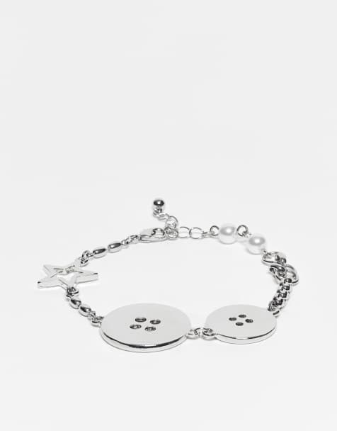 Pulsera plateada unisex con charms de botones de cadena variada de Reclaimed Vintage - view 1