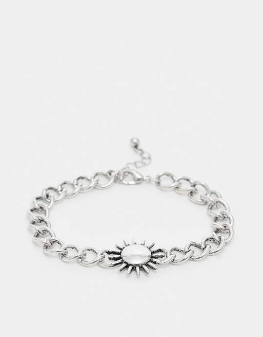 Pulsera plateada unisex de cadena con charm de sol de Reclaimed Vintage