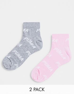 Puma 2 pack logo print ankle socks in pink and grey