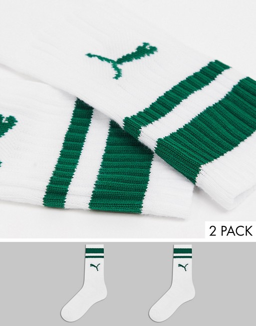 Puma 2 pack logo stripe crew socks in white and green