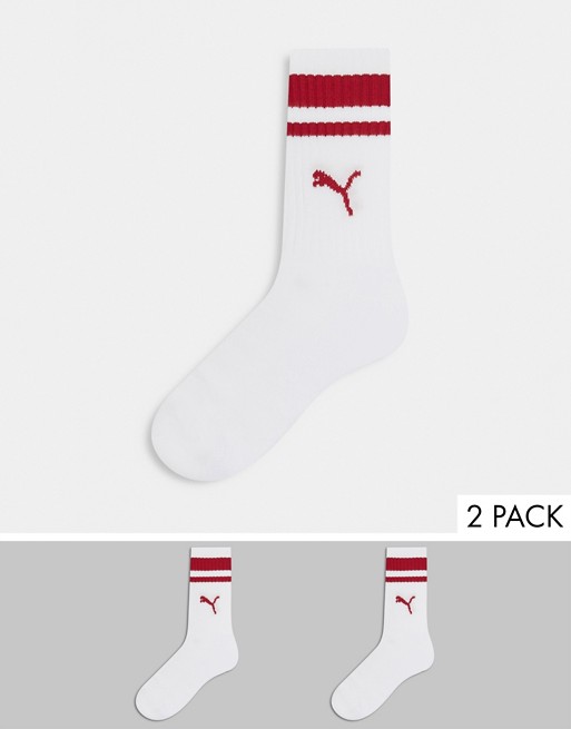 Puma 2 pack logo stripe crew socks in white and red