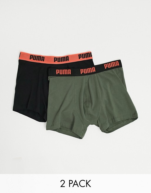 Puma 2 pack logo waistband boxers in green/black