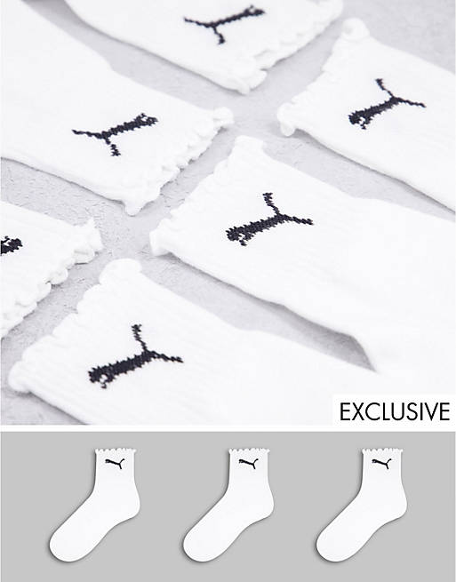 Puma 3 pack frilly socks in white and black