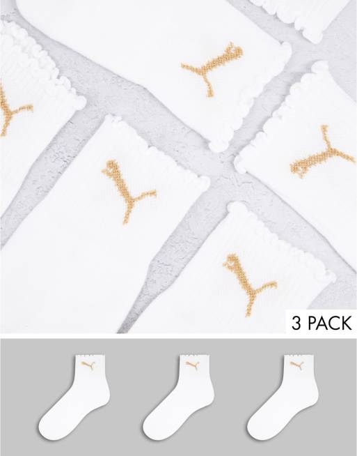 Puma 3 pack frilly socks in white and gold