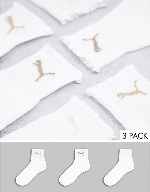 Puma 3 pack frilly socks in white and neutral tones