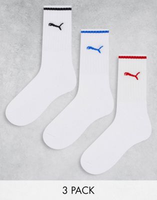 Puma 3 pack multi stripe logo socks in white