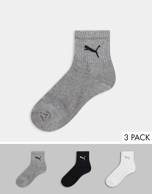 Puma 3 pack quarter socks in black white and grey
