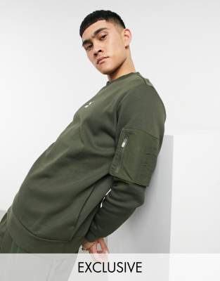 Puma Avenir Small Logo Sweatshirt In Khaki With Arm Pocket Green Modesens