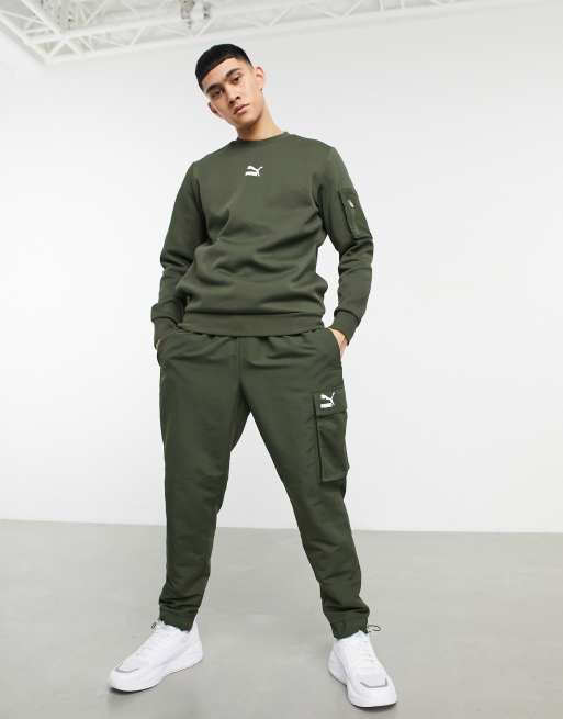 Puma Avenir small logo sweatshirt in khaki with arm pocket