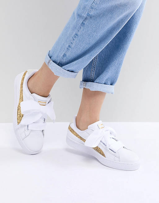 Puma Basket Heart Trainers In White With Gold Glitter