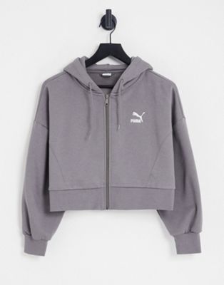 Puma boxy cropped zip through hoodie in storm grey - exclusive to ASOS