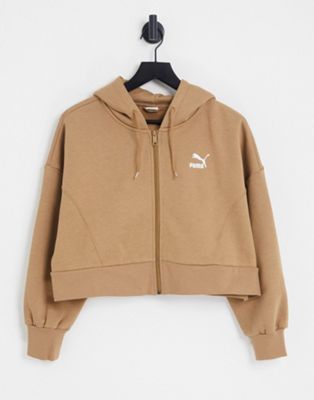 Puma boxy cropped zip through hoodie in tan - exclusive to ASOS
