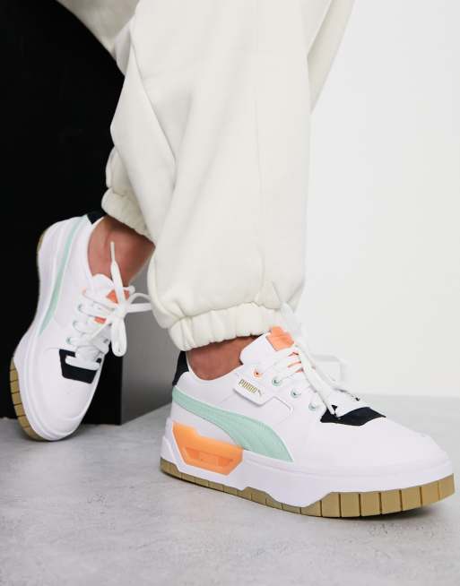 Puma Cali Sport sneakers with sherpa details in white and sage