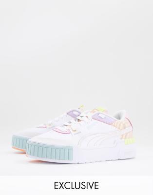 puma cali sport sneakers in white multi with patchwork details