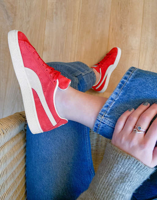 All red puma outlet suede on feet