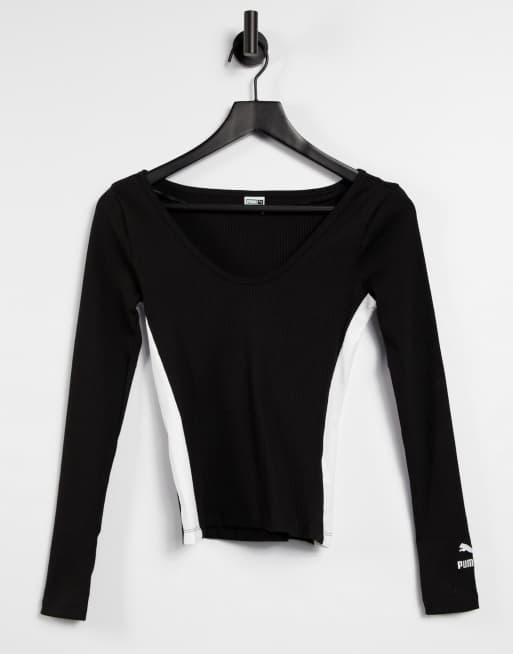 PUMA – Classic – Svart ribbad topp med lång ärm