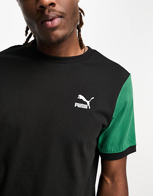Puma Classics block t-shirt in black and dark green | ASOS