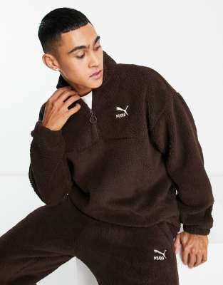 Puma classics borg half zip sweat in chocolate - exclusive to ASOS-Brown