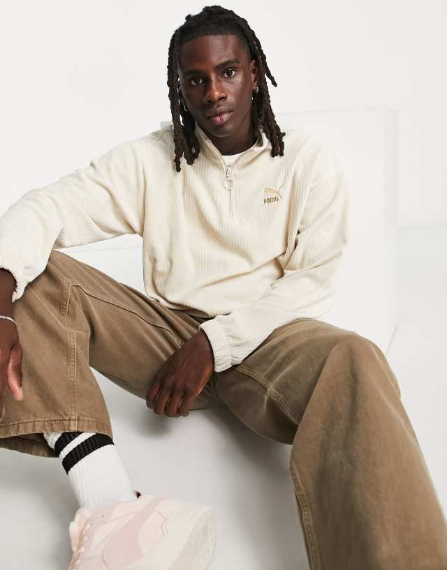 Puma - classics cord half zip pullover in oatmeal - exclusive to asos