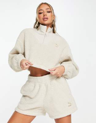 Puma classics cosy club borg half zip sweat in oatmeal - exclusive to ASOS-Neutral