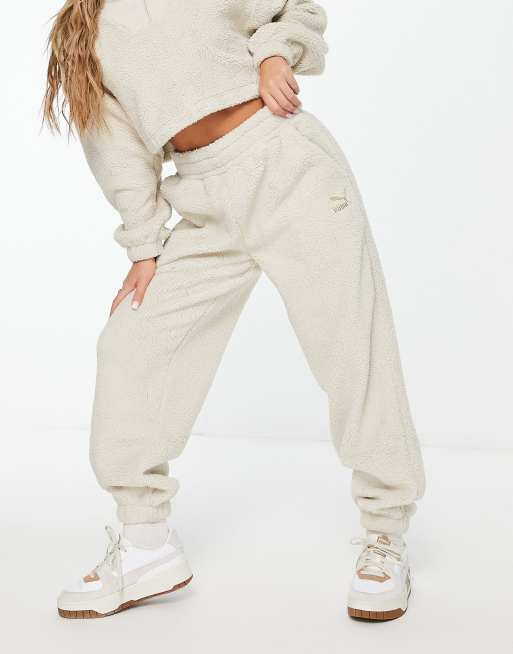 Puma Women's Fleece Pockets High-Waisted Logo Jogger Pants Tan