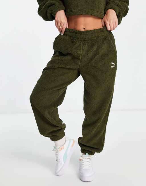 Puma classics cosy club borg trackies in dark deep olive exclusive to ASOS