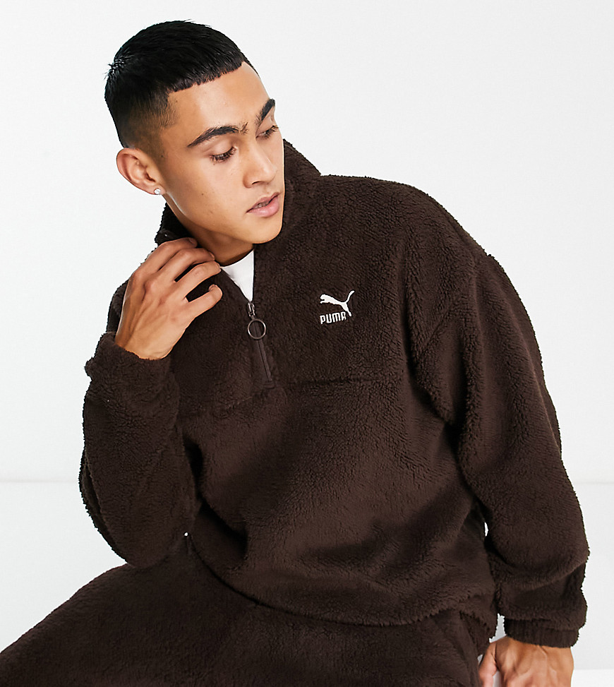 Puma Classics Cozy Club borg half zip sweatshirt in chocolate brown - Exclusive at ASOS
