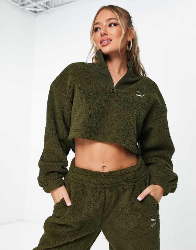 Puma Classics Cozy Club borg half zip sweatshirt in deep olive - Exclusive at ASOS