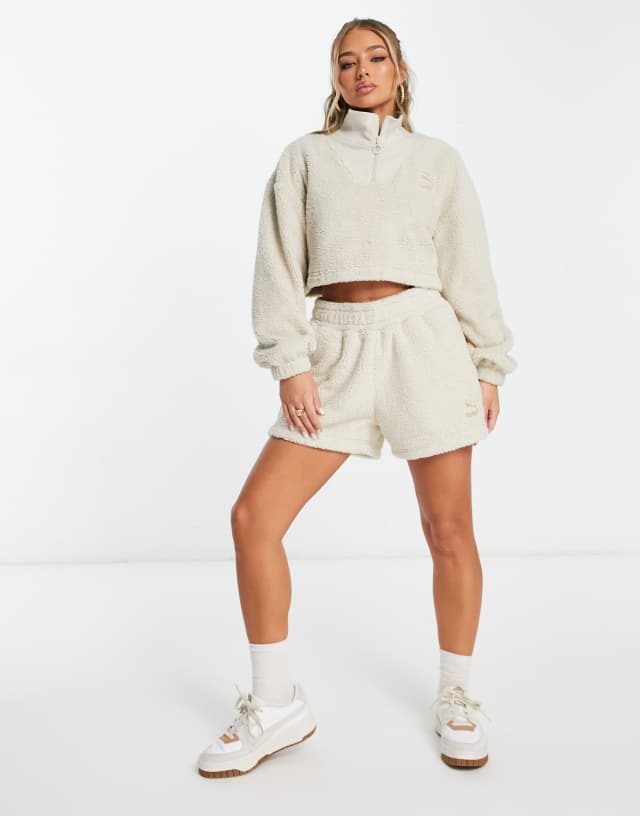 Puma Classics Cozy Club borg shorts in oatmeal - Exclusive at ASOS