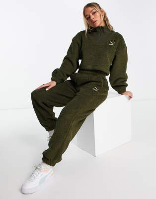 Puma Classics Cozy Club Borg Half Zip Sweatshirt In Deep Olive - Exclusive At Asos-green