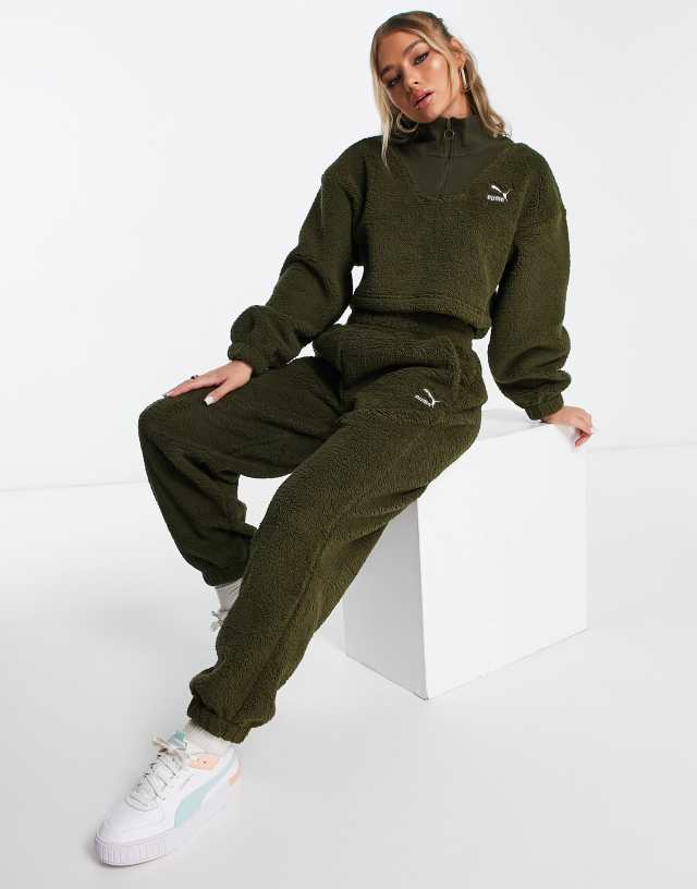 Puma Classics Cozy Club borg sweatpants in dark deep olive - Exclusive at ASOS