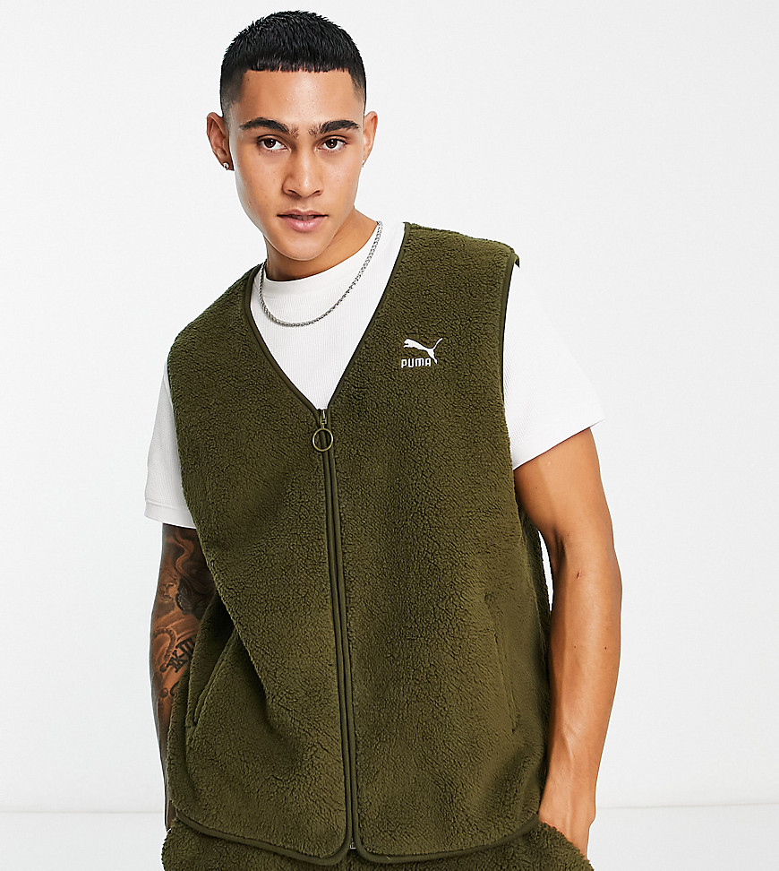 Puma Classics Cozy Club borg zip up vest in deep olive - Exclusive at ASOS-Green