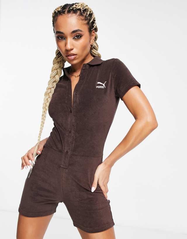 Puma Classics Cozy Club towelling romper in chocolate brown - Exclusive at ASOS