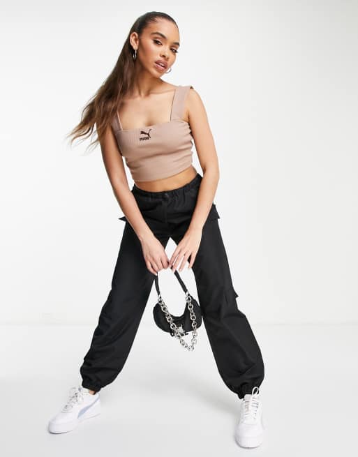 Puma - Classics - Crop top con spalline larghe a coste marrone, 4 di 4