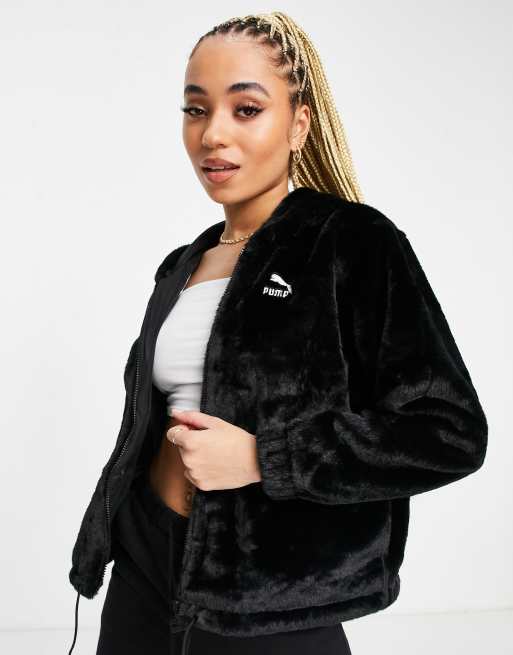 Puma Classics faux fur zip through hoodie in black