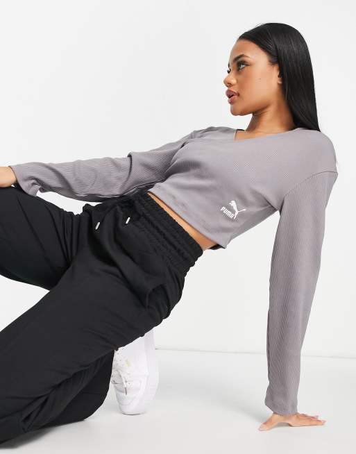Puma - Classics - Geribbelde, gekruiste top in grijs