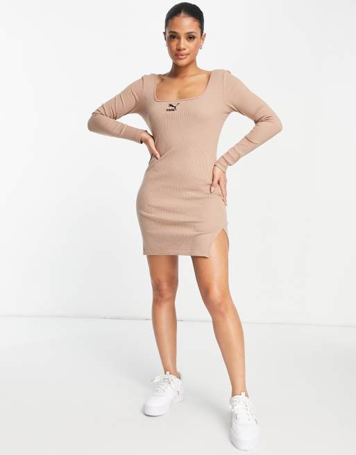 Puma Classics - Geribbelde jurk met vierkante hals in bruin