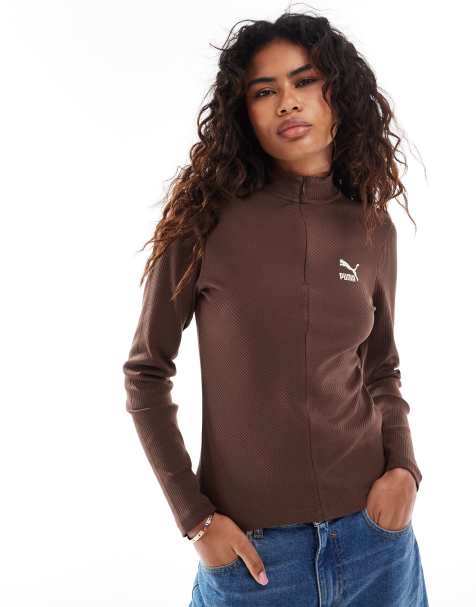PUMA – Classics – Geripptes Sweatshirt in Braun mit kurzem Reißverschluss - view 1