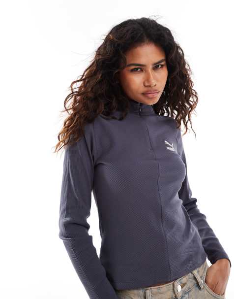 PUMA – Classics – Grå, ribbad sweatshirt med kort dragkedja - view 1