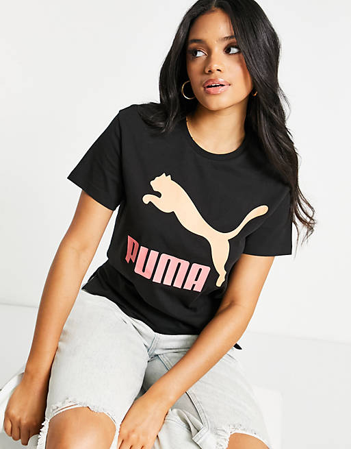 Puma classics logo tshirt in black and pink | ASOS