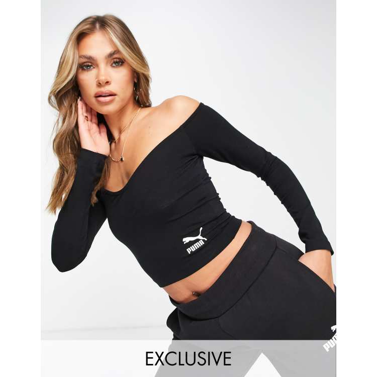 Puma Classics long sleeve bardot crop top in black