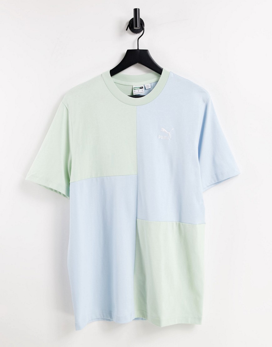 Puma Classics patchwork t-shirt in pastel blue and green-Blues
