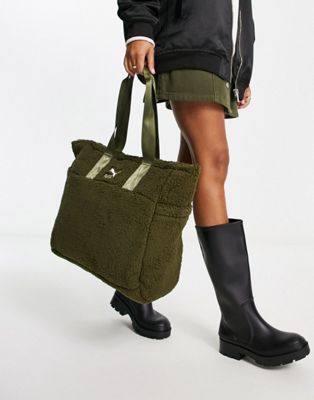 Puma cosy club borg shoulder bag in deep olive - exclusive to ASOS
