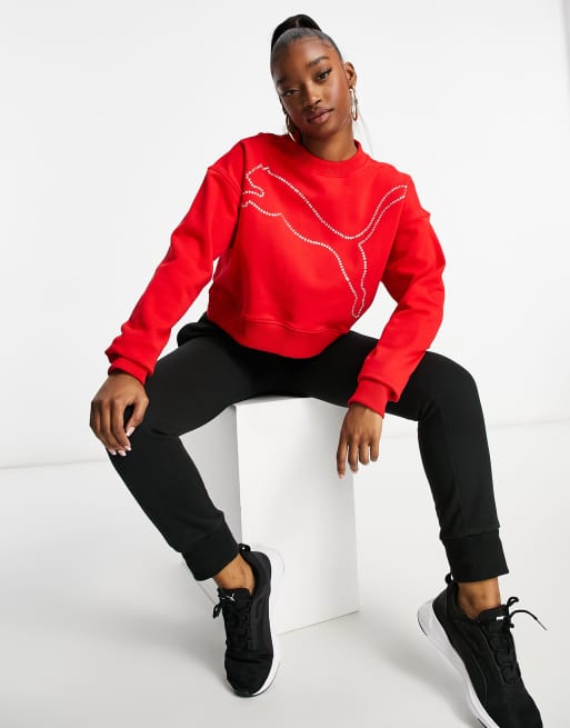 PUMA cropped sweatshirt with rhinestone logo in red ASOS