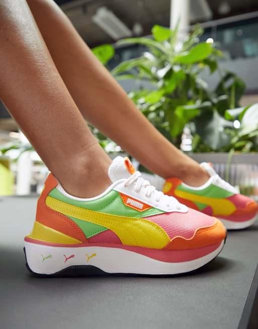 Puma Cruise Rider multi cat trainers in coral and green