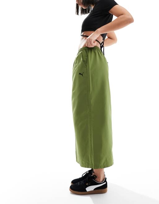 PUMA Dare To midi woven cargo skirt in khaki