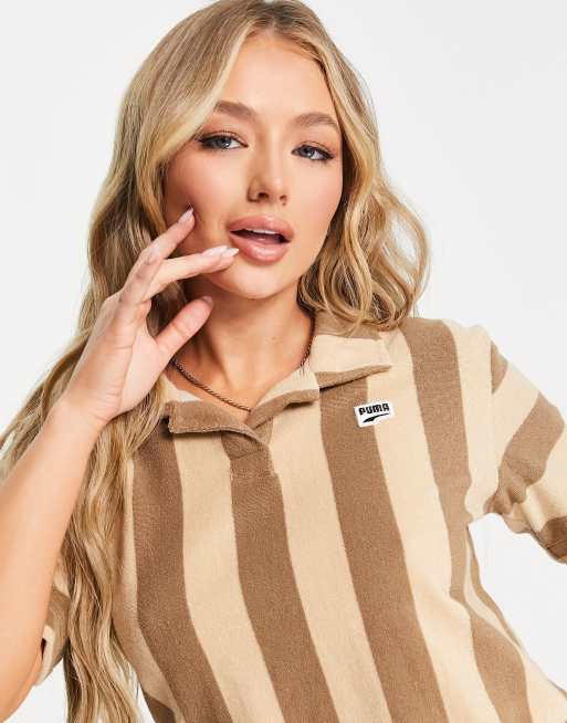 PUMA - Downtown - Brun cropped poloskjorte i frotté med striber - Kun hos ASOS, 3 af 4