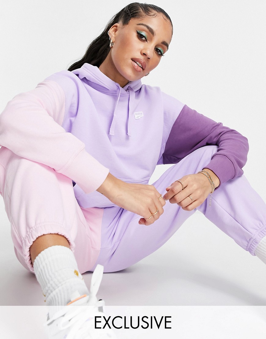 Puma Downtown color block hoodie in lilac and pink - exclusive to ASOS-Purple