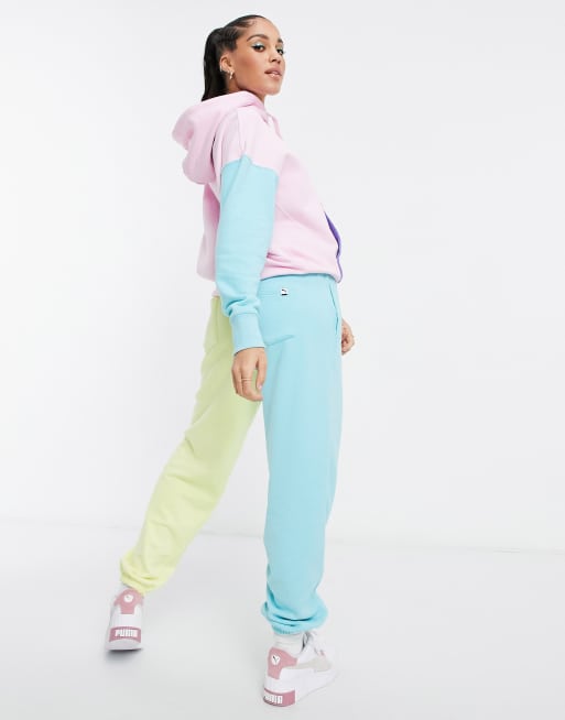 Puma Downtown color block sweatpants in pink and yellow